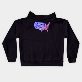 Colorful mandala art map of the United States of America in blue and violet Kids Hoodie